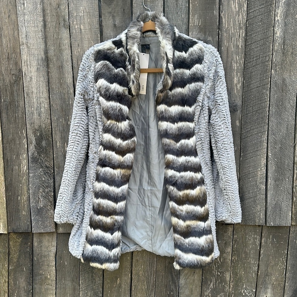 Lapis Faux Fur Open Front Jacket/Coat Gray NWT